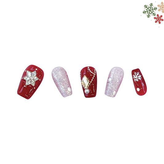 Handmade|Crystal Red-Coffin Nails
